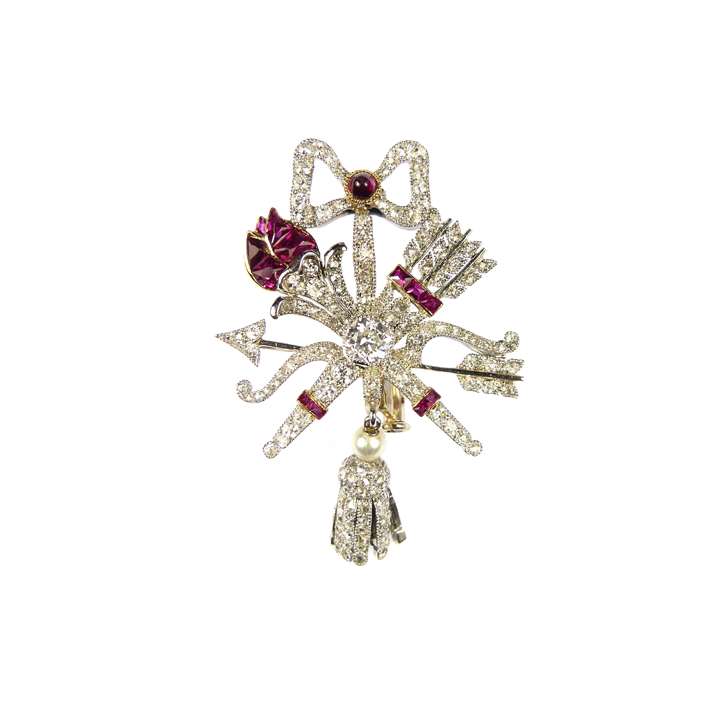 Early 20th century ruby and diamond trophy-of-love brooch